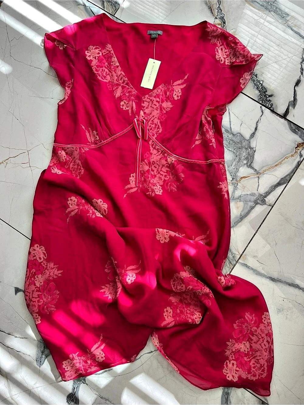 Vintage Ann Taylor Floral Silk Midi Dress Pink Size 14 NWT